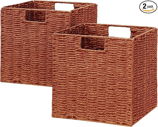 Vagusicc Wicker Storage Basket, Set of 2 Hand-Woven Paper Rope Wicker Baskets, Foldable Cube Storage Bins, 11 inch Storage Basket, Square Baskets for Organizing Shelves & Decor, Orange (11″×11″×11″)