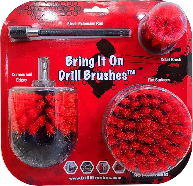 Drill Brush Attachment Set Three Brushes| Bring It On Power Scrubber Brush Cleaning Kit | Plus 6 Inch Extension, Use On Grout, Cars, Bathroom Surfaces, Tile, Baseboard, Shower and Tubs
