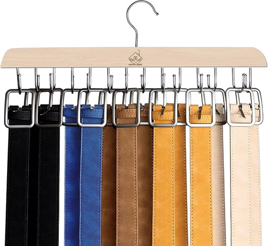 Belt Hanger for Closet, 14 Hooks Sturdy Wood Rack - Rotating Organizer for Belts, Scarf, Ties & Accessories