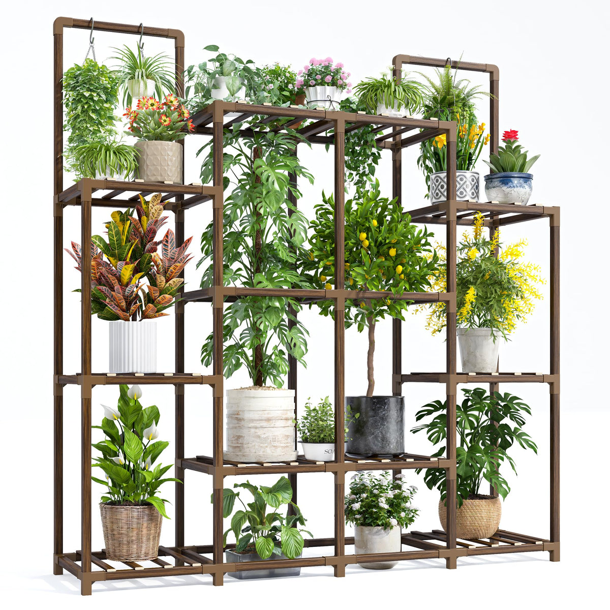 EnHomee Plant Stand, Hold 12-14 Pots, Waterproof Eucalyptus Wood - Image 1