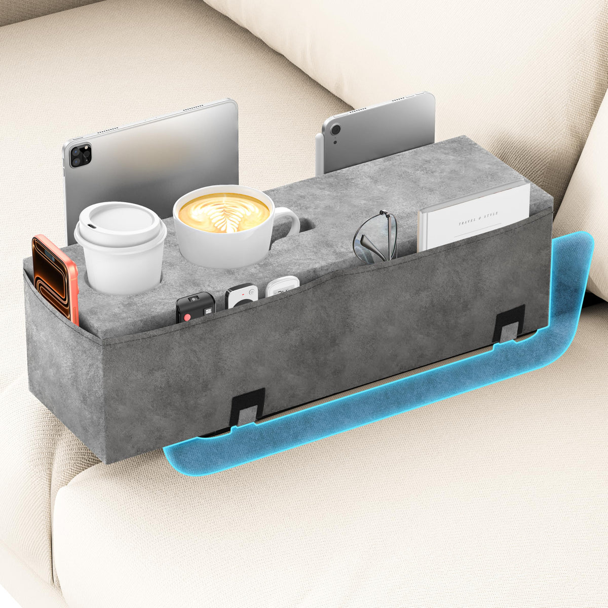 Removable Sofa Armrest Couch Caddy with Cup Holder Insert Between - Image 1