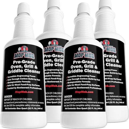 Commercial Grill and Oven Cleaner 32oz Concentrate 4pk. Heavy-Duty Fast-Acting Degreaser Solution Removes Carbon, Grime, Burnt Food and Oil for Griddles Fryer Baskets and Kitchen Cooking Surfaces.