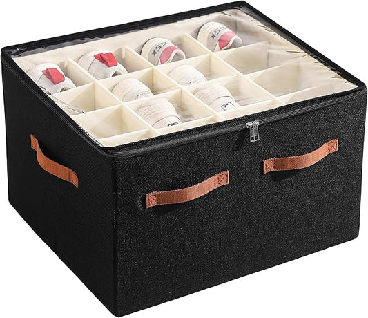 Shoe Organizer for Closet, Foldable Large Shoe Storage Box with Clear Cover, Removable Partitions and Bottom are Supported by Plastic Boards (Black, 20.5“Lx16.9 Wx13'H)