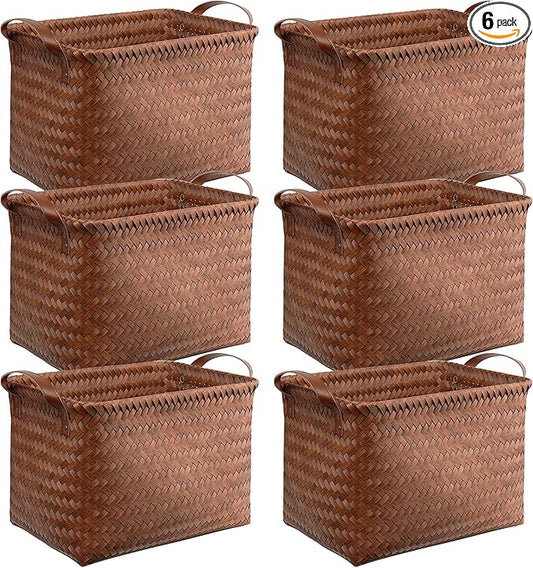 BROWNLILY Handwoven Clothes Basket Laundry Hampers Large Wicker Storage Baskets for Shelves Blankets Closet Storage Bins Car Bedroom Bathroom Organizers and Storage Bath (6, Brown)