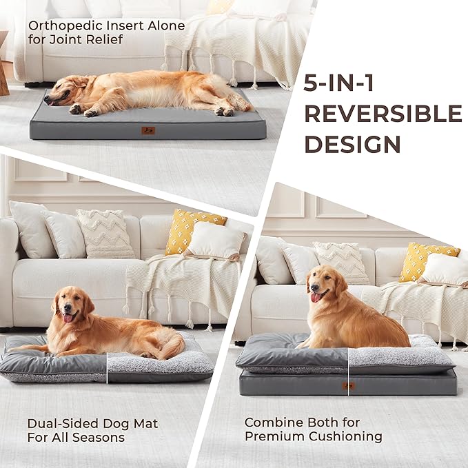 Washable Dog Bed for Medium Large Size Dog, Plush Pillow Pet Bed with Leather Egg-Crate Foam Base, Waterproof Kennel Bed with Removable Cover, 47" x 39" Comfort Cushion Bed, Dark Grey