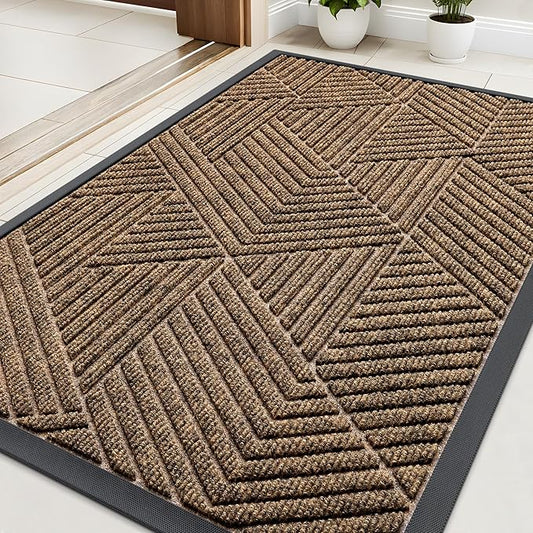 Kitinjoy Front Door Mat Outside Entrance, Sturdy Natural Dirt Trapper, Heavy Duty Rubber Doormat, Low Profile Non-Slip Backing, Easy Clean Floor Mat for Indoor Outdoor Entry, 29.5X17 Inch, Brown