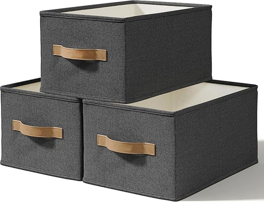 3 Pack Fabric Storage Bins for Shelves | 11.5x8.75x6.5in Storage Baskets | Fabric Closet Organizers and Storage Bins with Handles Home Organization| Linen Clothes Bins | Black