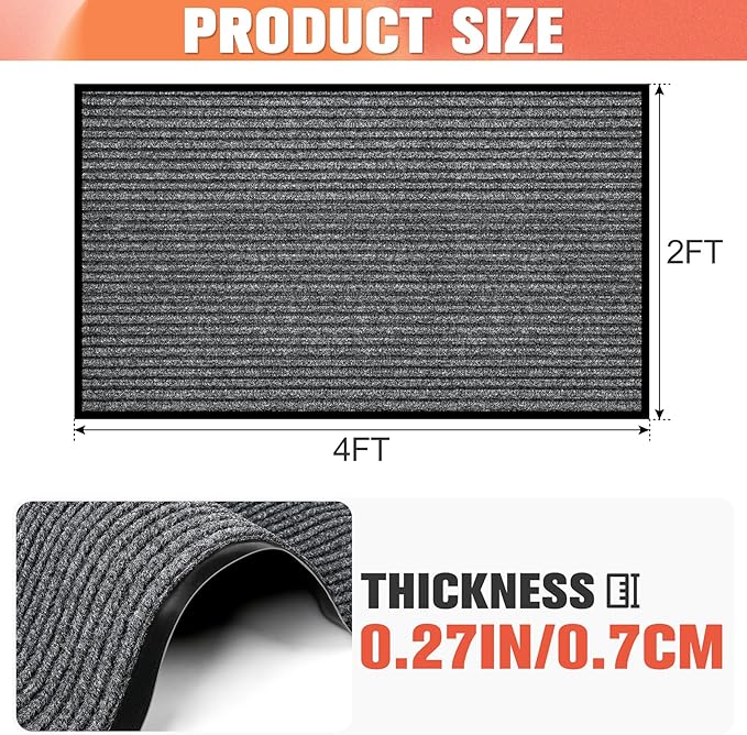 MYFAMIREA Commercial Floor Mat 2' x 4' Extra Large Front Door Industrial Rug Heavy Duty Brush Step Entrance Mat Weather Utility Rug with Non Slip Rubber Backing Low Profile for Entryway, Charcoal Grey