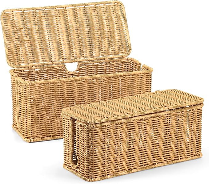 2Pack Large Cable Management Box, Handwoven Imitation Rattan Cord Organizer Wire Hider Box, Desk Cord Management to Hide Cords and Power Strips