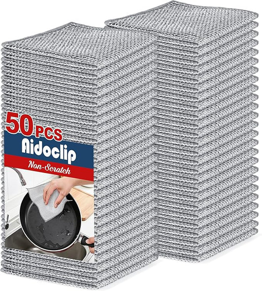 Non-Scratch Steel Wool Dishcloth - 50PC Set, Multi-Use Kitchen Scrubbers, Durable Cleaning Pads for Wet & Dry Use Grey (50pcs)
