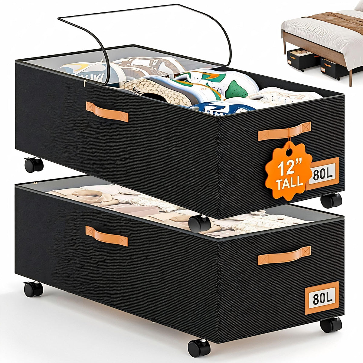 Under Bed Storage with Wheels, 12" Height Under Bed Storage Extra - Image 1