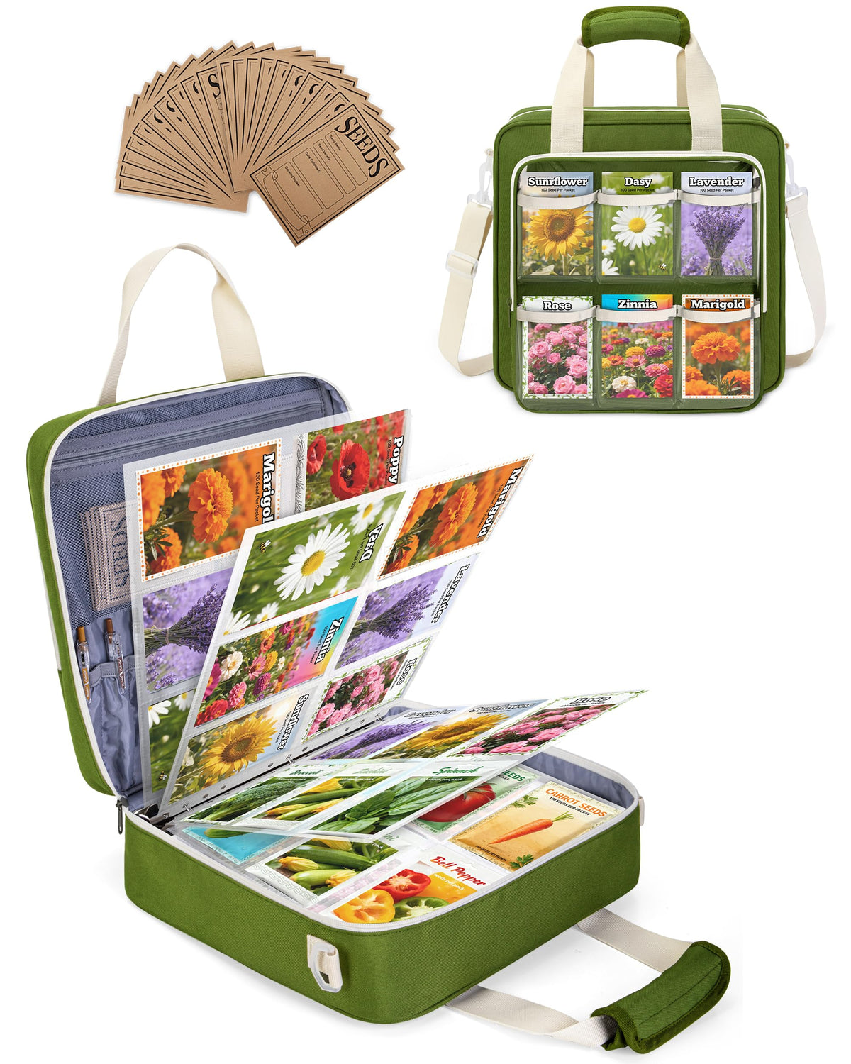 Seed Storage Organizer Binder, Seed Packet Organizer Bag, Green - Image 1