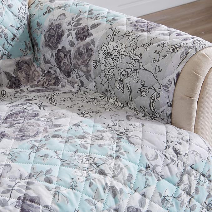Great Bay Home Reversible Floral Patchwork Furniture Protector - Machine Washable, Scalloped Edge, Stain Resistant, Printed Furniture Cover for Dogs, Kids, and Pets (Chair, Gray/Aqua)