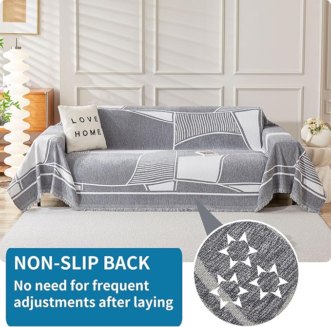 HAOMAIJIA Non Slip Couch Cover Sofa Covers for 2 Cushion Couch Washable sectional Couch Covers for Dogs pet Furniture Protector Couch Cover Blanket for Living Room (Grey-Cream, 71"x102")