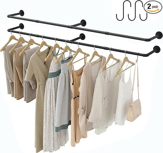 Industrial Pipe Clothes Rack with 3 S-shaped Hooks, 72’'L Wall Mounted Garment Rack, Heavy Duty Iron Garment Bar, Clothes Hanging Rod Bar for Laundry Room, Max Load 135Lb Black (2 Package)