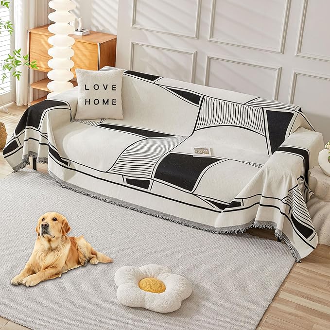 HAOMAIJIA Non Slip Couch Cover Sofa Covers for 3 Cushion Couch Washable sectional Couch Covers for Dogs pet Furniture Protector Couch Cover Blanket for Living Room (Black-Cream, 91"x134")