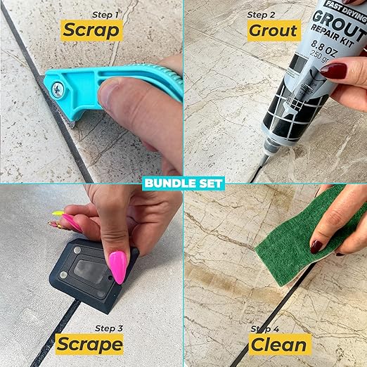 Pentausa Premixed Acrylic Sanded Tile Grout Repair Kit - Ready to Use Grout Renew Filler for Bathroom, Shower, & Kitchen Tile with Grout Removal Tool, Applicator & Sponge, (8.8 Oz - 250gr) (Black)