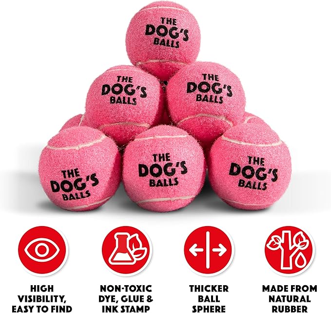 The Dog's Balls Dog Tennis Balls for Dogs, Pink, 12-Pack - Non-Abrasive Felt Fetch Balls, Tough Rubber Core, Float in Water, Fits Standard Launchers