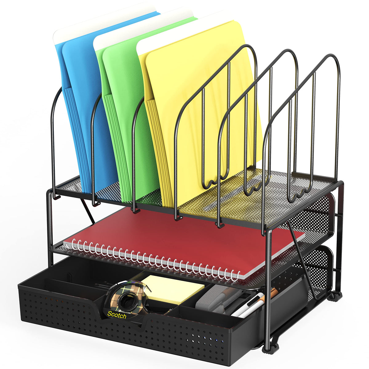 Deco Brothers Mesh Desk Organizer with Double Tray, 5 Upright - Image 1