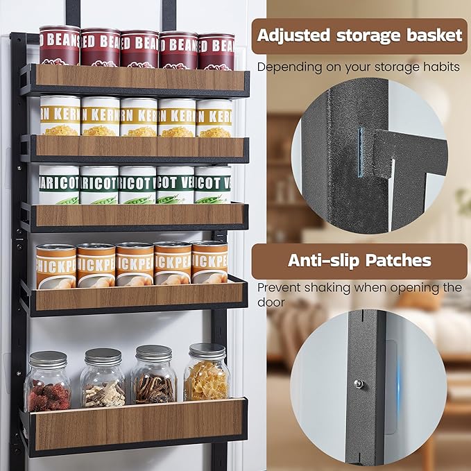 Fulifix Over The Door Pantry Organizer with Solid Wooden Baskets, 6-Tier Pantry Door Organizer Wall Mount, Metal Hanging Spice Rack Organization and Storage for Home, Kitchen, Cabinet