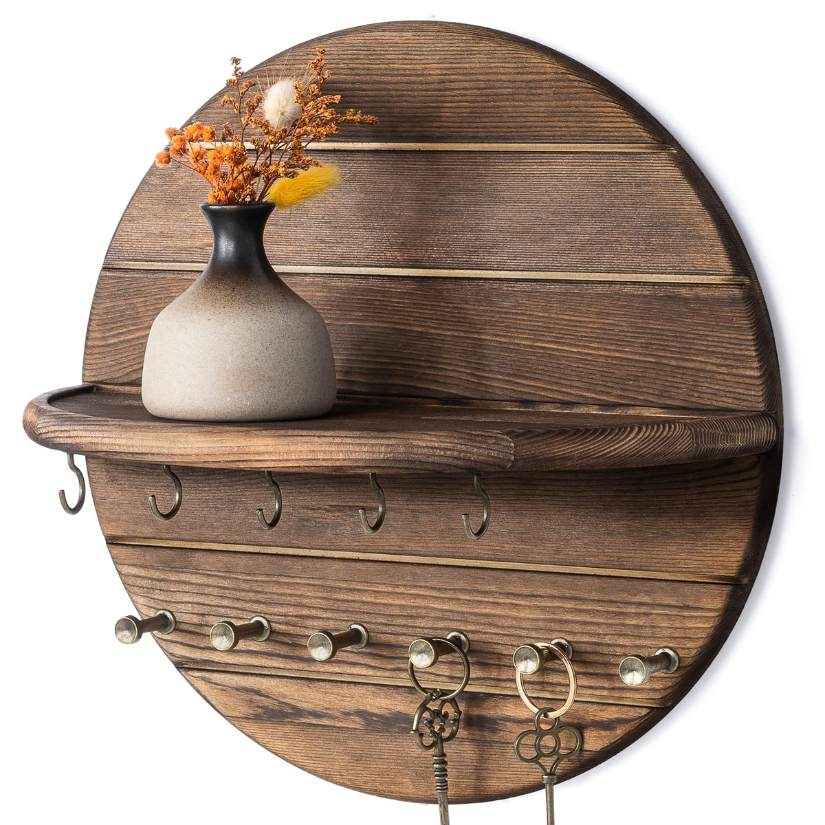 Pine Wood Round Key Holder Wall Mount for Home Decor, Brown - Image 1