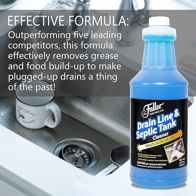 Fuller Brush Drain Line & Septic Tank Cleaner – 32 oz Enzyme-Based Drain Cleaner for Slow Drains, Grease & Food Buildup, Safe for PVC/Metal Pipes & Septic Systems (Pack of 6)