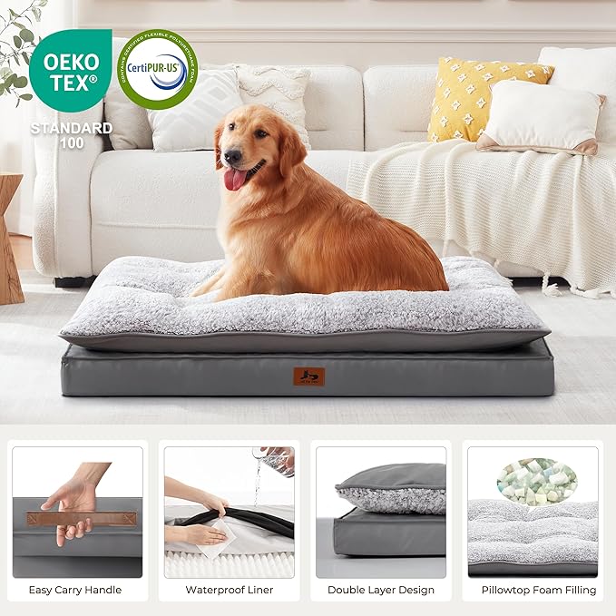 Washable Dog Bed for Medium Large Size Dog, Plush Pillow Pet Bed with Leather Egg-Crate Foam Base, Waterproof Kennel Bed with Removable Cover, 47" x 39" Comfort Cushion Bed, Dark Grey