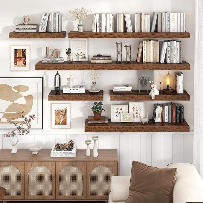 Floating Shelves for Wall, 24 Inch Wide x 12 Inch Deep Floating Shelves, Long Wood Floating Wall Shelf Shelves for Living Room Bathroom Bedroom Kitchen Home - (Brown, 24" W x 12" D x 2" H)