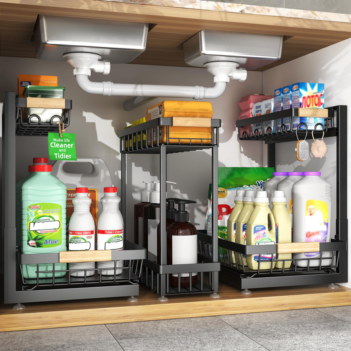 Sevenblue 3-Pack 2-Tier Height Adjustable Under Sink | Under Sink Stor - Image 1
