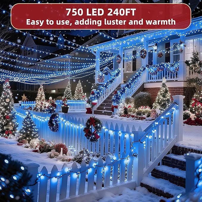 240ft Outdoor Christmas Lights, 750 LED Super Long String Lights 12 Modes & Timer Memory, Dimmable Outsite Waterproof Light Strings for Xmas Tree Garden Wedding Party Holiday Decorations Blue