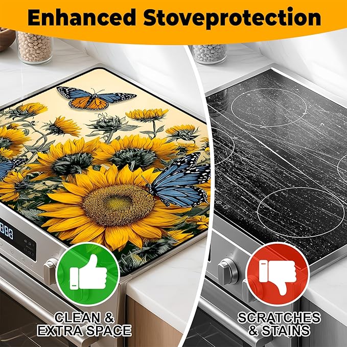 Happy Easter Stove Top Cover Flower Eggs Cute Rabbit Gas Stove Top Cover for Home Decoration Kitchen St. Patrick Day Pad Non-Stick Washable Cooktop Covers Countertop Protector (sunflower, 28" x 20")