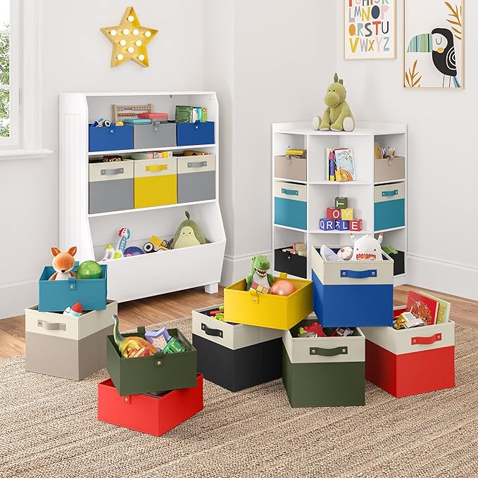 RiverRidge Kids 2pc Folding Storage Bins Set - 10.5” Bin Organizers with Handles - Gray Closet Organizer and Storage for Toys, Games, Shoes - Foldable Cube Storage Organizer Bins for Playroom, Nursery