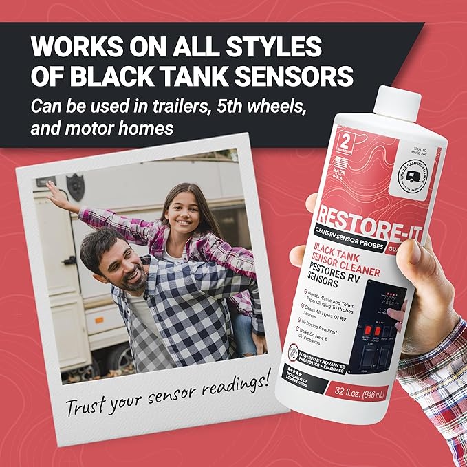 Unique Restore-It RV Sensor Cleaner Liquid - Cleans and Restores Misreading Sensor Probes by Removing Stuck-On Waste in Black Tanks - 2 Treatments Per Bottle (32 oz) Packaging May Vary