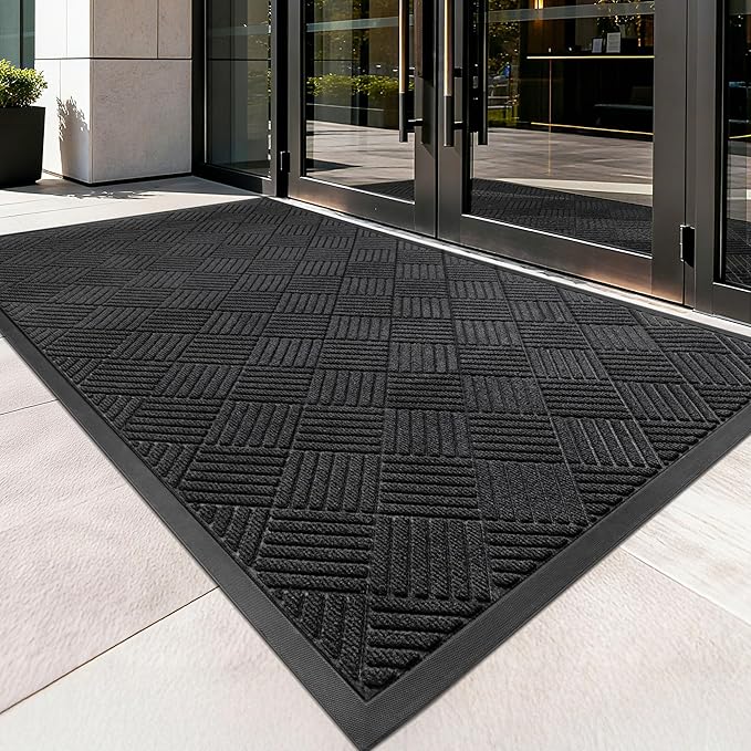 Front Door Mat, Heavy Duty Indoor Outdoor Doormat, 60" x 48" Low Profile Outdoor Mats for Home Entrance, Stain and Fade Resistant Welcome Mat Ideal for High Traffic Area, Diamond Black