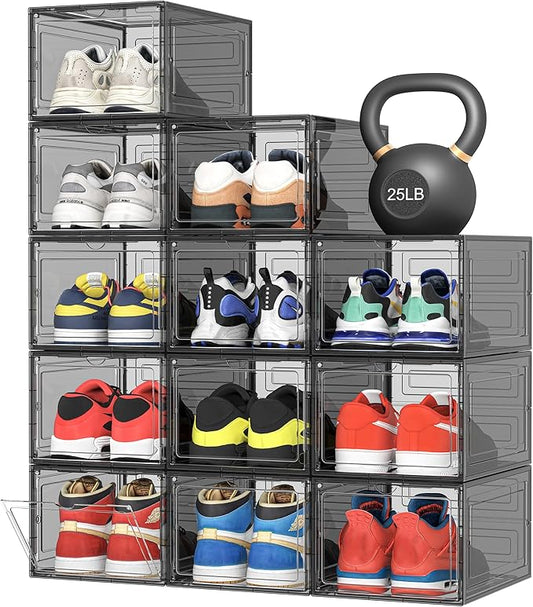 Pinkpum Upgraded Hard Shoe Storage Box 12 Pack X-Large Fit Size 12, Thicken & Sturdy Clear Plastic Stackable Shoe Organizer Box Closet, Sneaker Storage Display Case with Magnetic Door Black