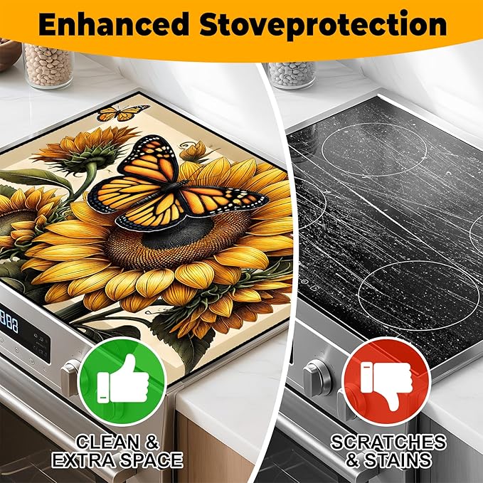 Stove Top Cover Flower Gas Stove Top Cover for Home Decoration Kitchen Pad Non-Stick Washable Cooktop Covers Countertop Protector Keep Stove Clean (Sunflower, 28L"x20W")