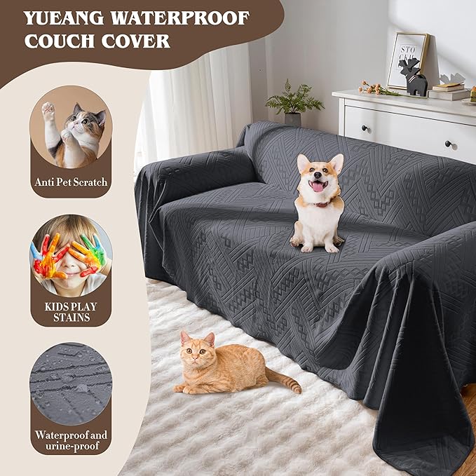 Waterproof Couch Cover, Reversible, Pet-Friendly, Washable and Anti-Slip Couch Covers for Sofa Protection with 4 Cushions, Sofa Slipcovers for Dogs and Cats (71×150in/Dark Grey)