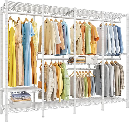 Raybee 76.9" H Clothes Rack Heavy Duty Loads 1100 LBS Metal Clothing Racks for Hanging Clothes Adjustable Garment Rack White,75.8" W*17.7" D*76.9" H