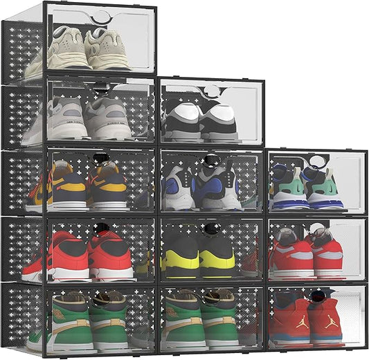 Pinkpum XXL Shoe Storage Box Fit for Size 14, Clear Plastic Stackable Shoe Organizer for Closet 12 Pack, Shoe Containers Sneaker Storage Black