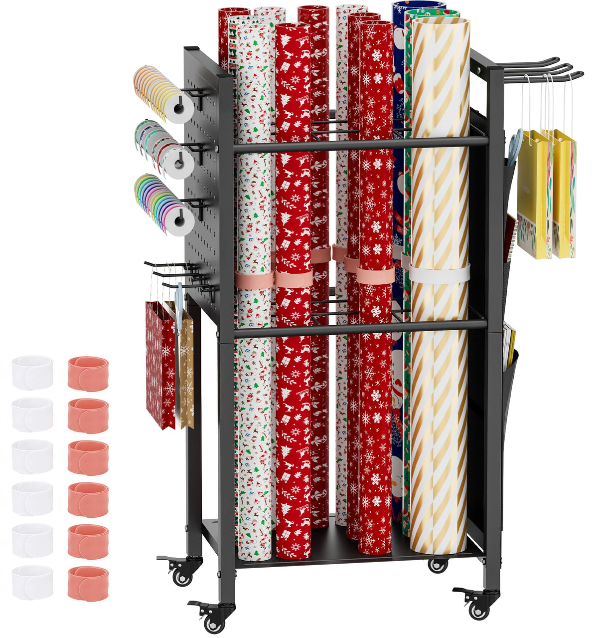 Wrapping Paper Storage Organizer with Wheels & Bag Storage, Black - Image 1