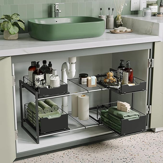 Adjustable Under Sink Organizers and Storage — Expandable Cabinet Storage Shelf with 4 Pull Out Baskets