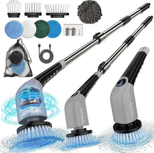 YKYI Electric Spin Scrubber-Cordless Power Scrubber with 8 Brush Heads, 3 Speeds & Adjustable Long Handle, IPX7 Waterproof Shower Cleaning Brush for Bathroom Tile, Bathtub, Grout, Kitchen(Off Grey)