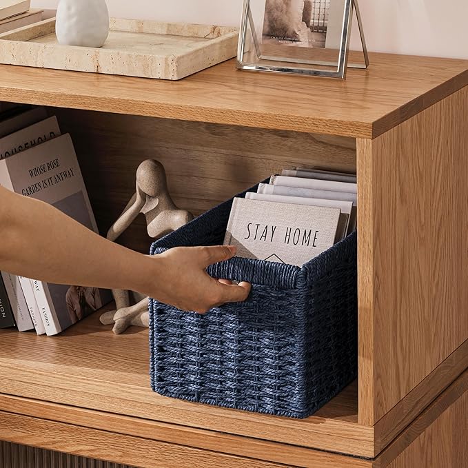 joybest Wicker Baskets, Woven Paper Rope Storage Baskets for Organizing, Rectangular Storage Bins for Shelves with Handles for Pantry, 13.4L x 8.3W x 7.1H inch, 2-pack Navy Blue