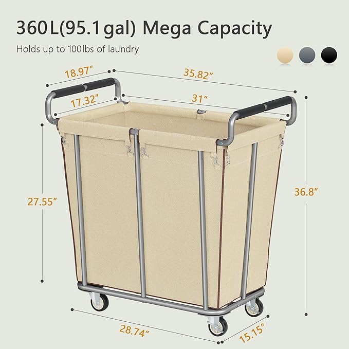 Large Laundry Hamper with Wheels, 360L Rolling Big Laundry Basket for Clothes Storage, Heavy Duty Extra Large Rolling Laundry Cart with Handle, Steel Frame, Waterproof Liner,95.1 Gallons,Khaki