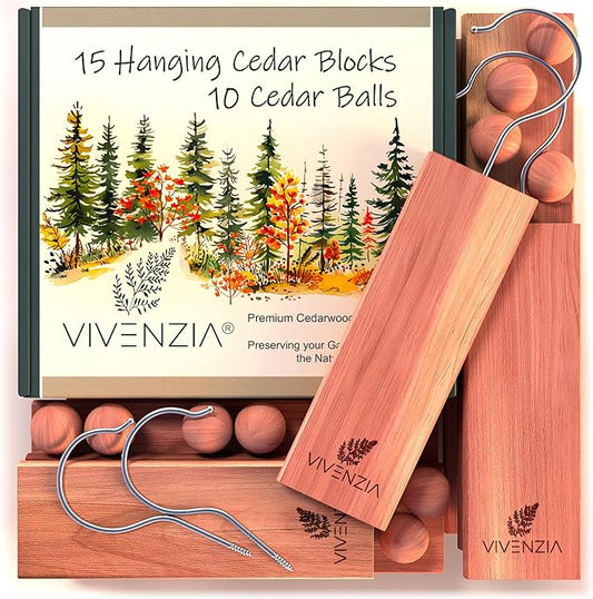 Cedar Blocks for Closet -25 pcs (15 Hang-ups & 10 Balls)- Aromatic Cedar for Closets, Natural Closet Smell Eliminator, Natural Closet Deodorizer, Drawer Fresheners for Dresser.