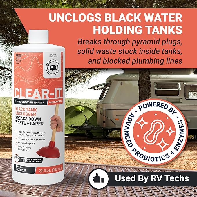 Unique Clear-It RV Black Tank Unclogger Liquid - Breaks Through Pyramid Plugs, Compacted Tanks, and Clogged Pipes 32 oz (2-Pack)