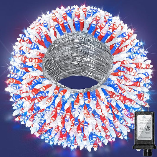 240ft Outdoor Christmas Lights, 750 LED Super Long String Lights 12 Modes & Timer Memory, Dimmable Waterproof Light Strings for Xmas Room Garden Wedding Party Holiday Decorations Red White & Blue