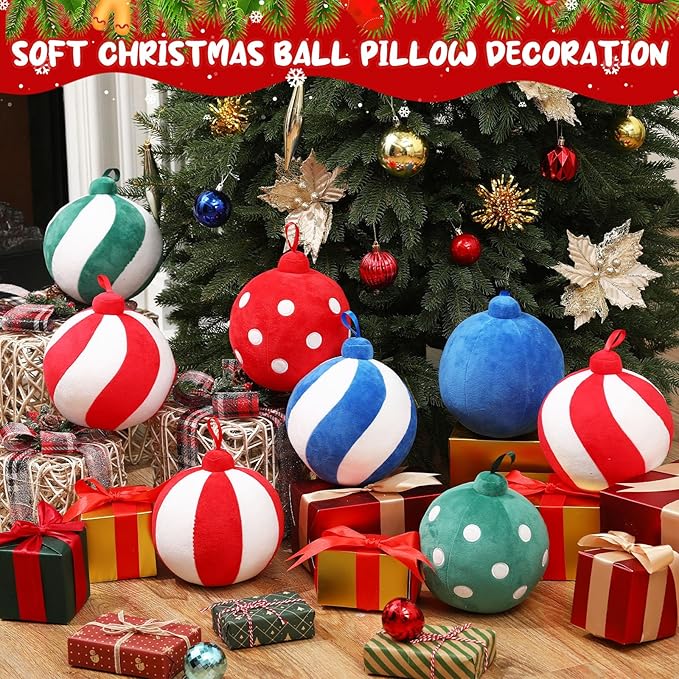 2 Pcs Christmas Pillows 7 Inch Round Christmas Ornament Shaped Throw Pillow Cute 3D Ball Xmas Throw Cushion Decoration for Bed Couch Sofa Chair Living Room(Red and White)