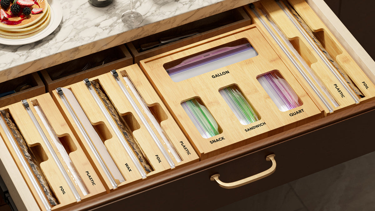 SpaceAid WrapNeat 2 in 1 Wrap Organizer with Cutter and Labels, Plastic Wrap, Aluminum Foil and Wax Bamboo Dispenser for Kitchen Storage Organization Holder for 12" Roll (Natural) - Image 7