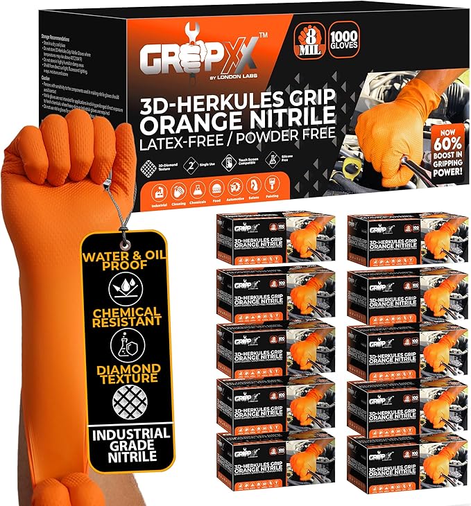 Herkules Grip Heavy Duty 8Mil Orange Nitrile Gloves,3D Raised Diamond Texture-Latex & Powder Free-Industrial, Mechanic (10, XX-Large)